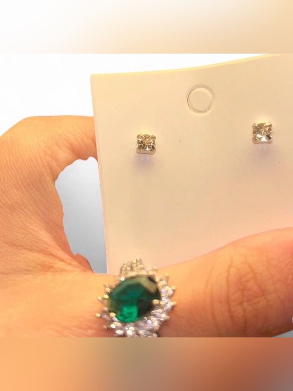Stud earrings and emerald diamond ring set